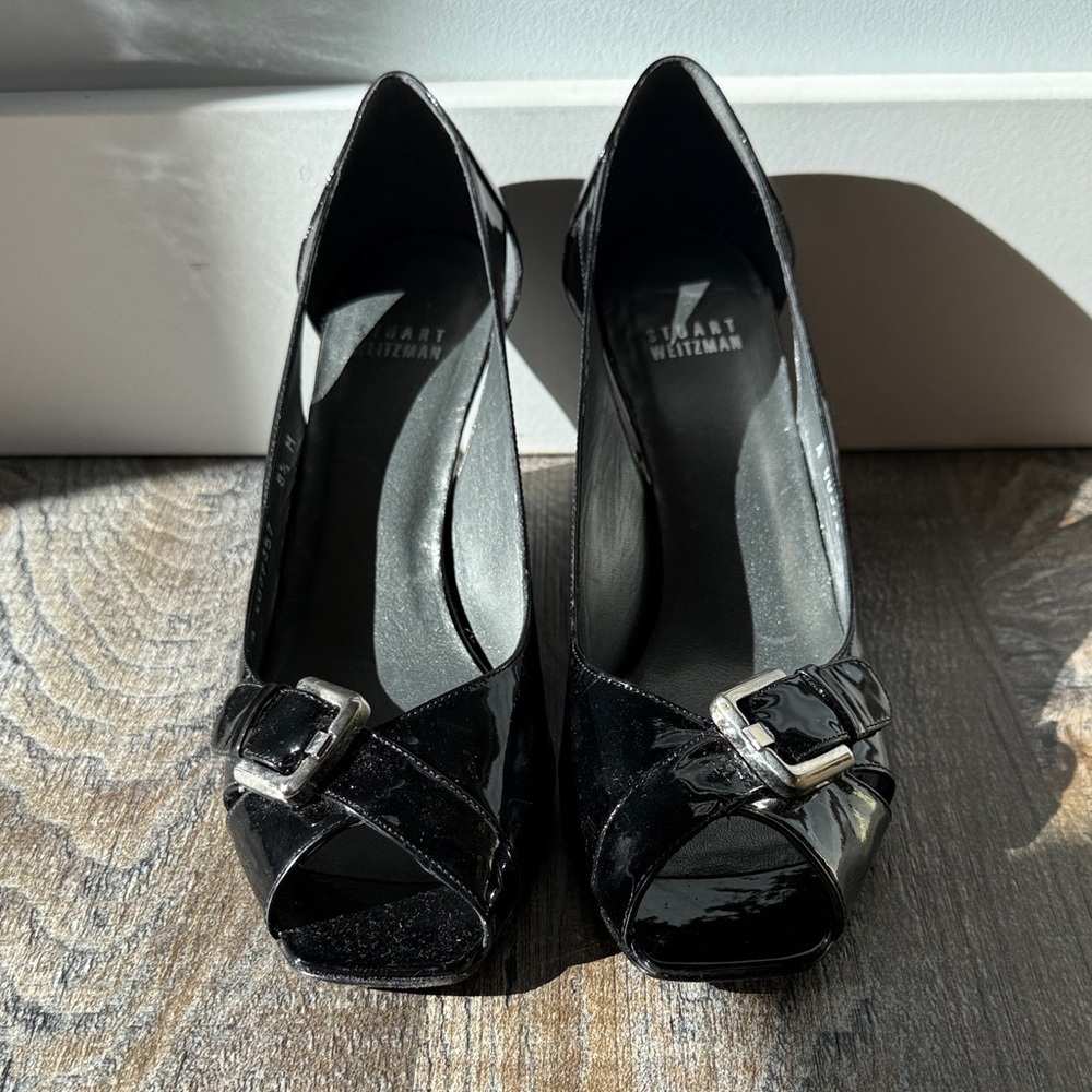 Stuart Weitzman | Black Patent Peep Toe Wedges